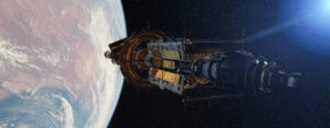 Space station flying over the Earth atmosphere in Space. 3d Rendering.