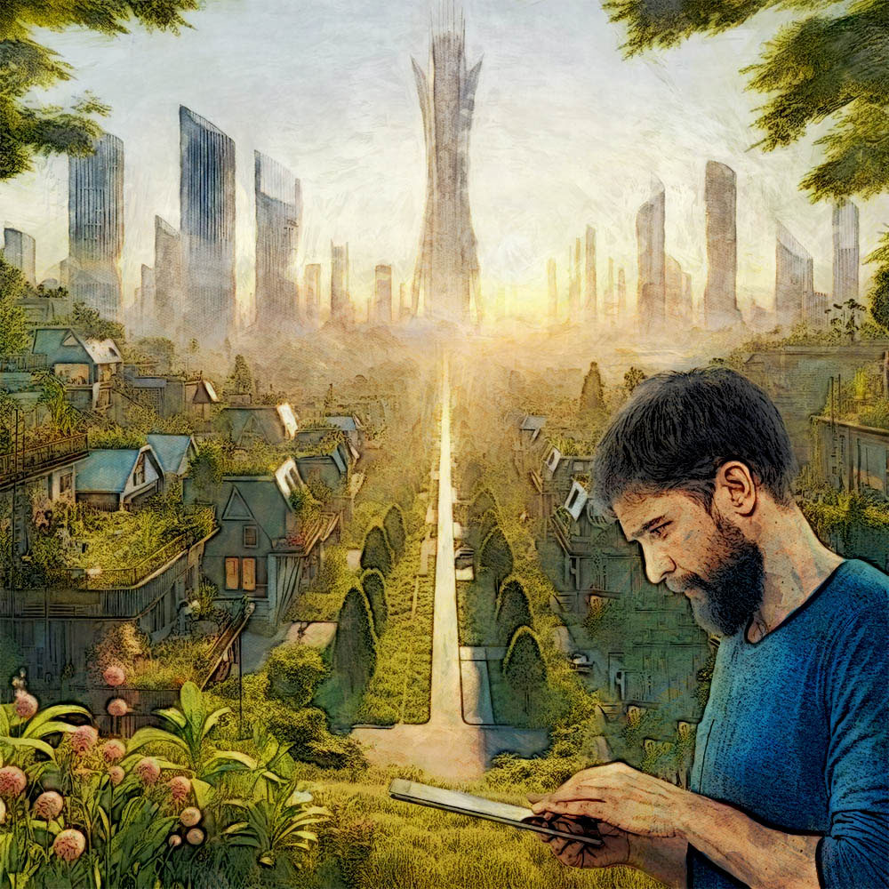 Solarpunk future Natchez with a guy on tablet