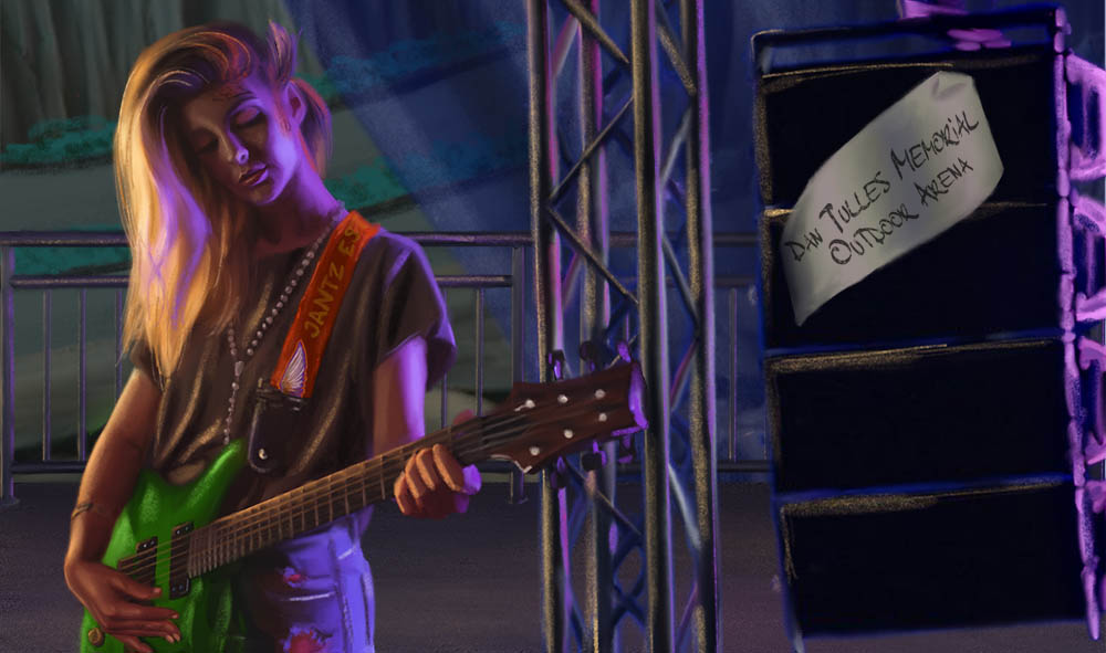 Girl playing guitar, Making Music on Ganymede by Chad Gayle