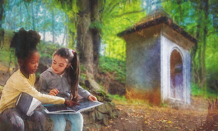 Two girls studying at the shrine, Guidelines for Leading Tours of Supernatural Grottoes, Shrines, and Assorted Holy Places