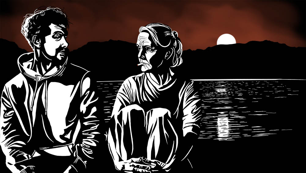 Man and woman talking in Living Fossils by Christopher Blake