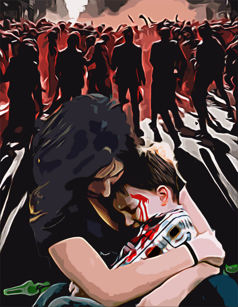 Tomo and Humanity, woman comforting injured child.