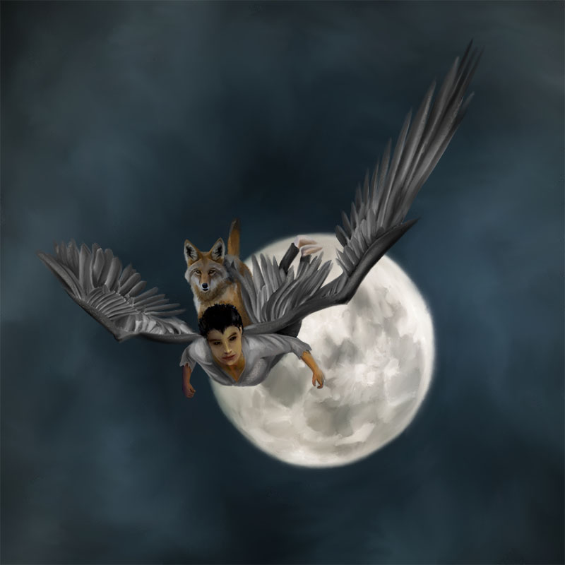 The Devil and wolf flying in How Coyote Borrowed the Devil's Wings