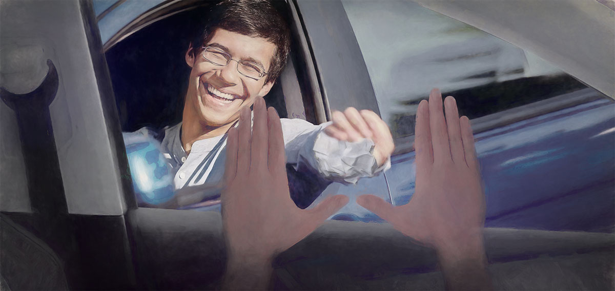 Man in car handing over paper Lost in Intuition