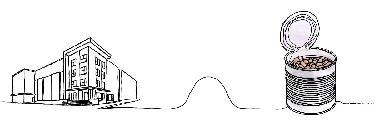 Can of beans in a line drawing in Love and Beans in Thin Times