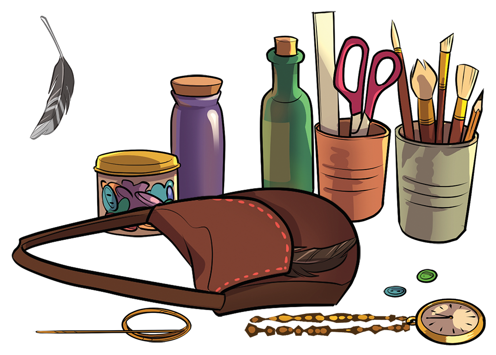 Bag and craft materials in Monsters Bright and Beautiful
