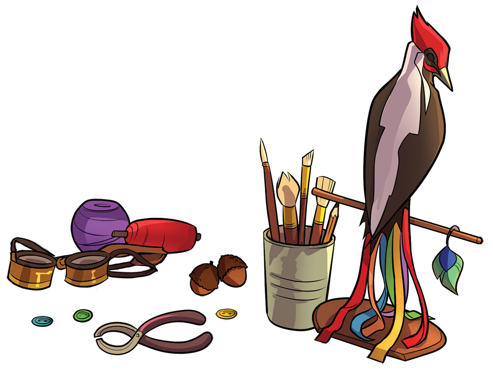Bird and craft materials in Monsters Bright and Beautiful