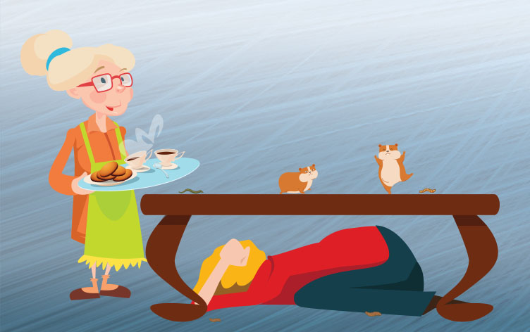 man hiding under table in Light Winds with a Chance of Velociraptors