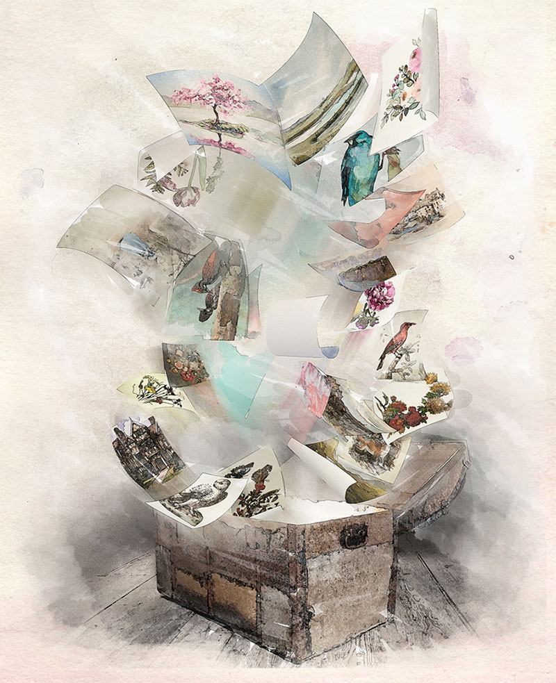 Paintings swirling in Threshold, by Mara Buck