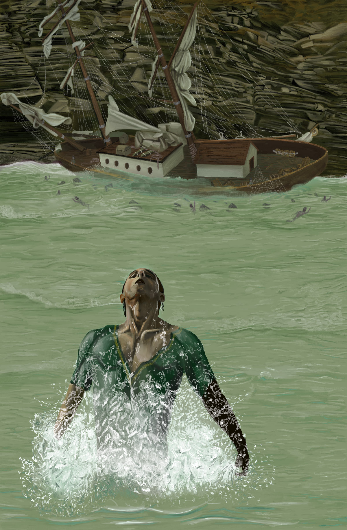 Man surfacing with shipwreck behind in Where Rivers Meet