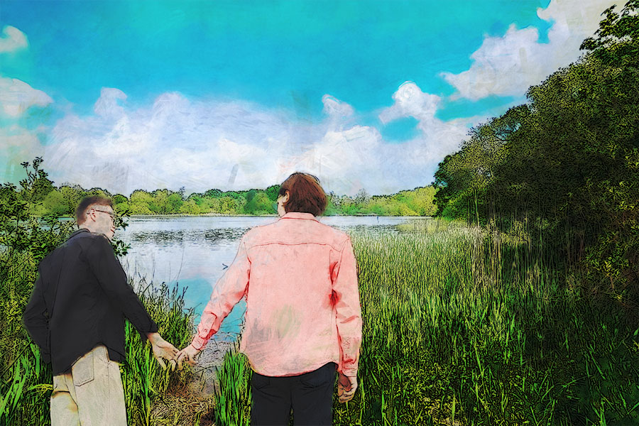 Two young men holding hands near the swamp in The Fine Art of Faking It