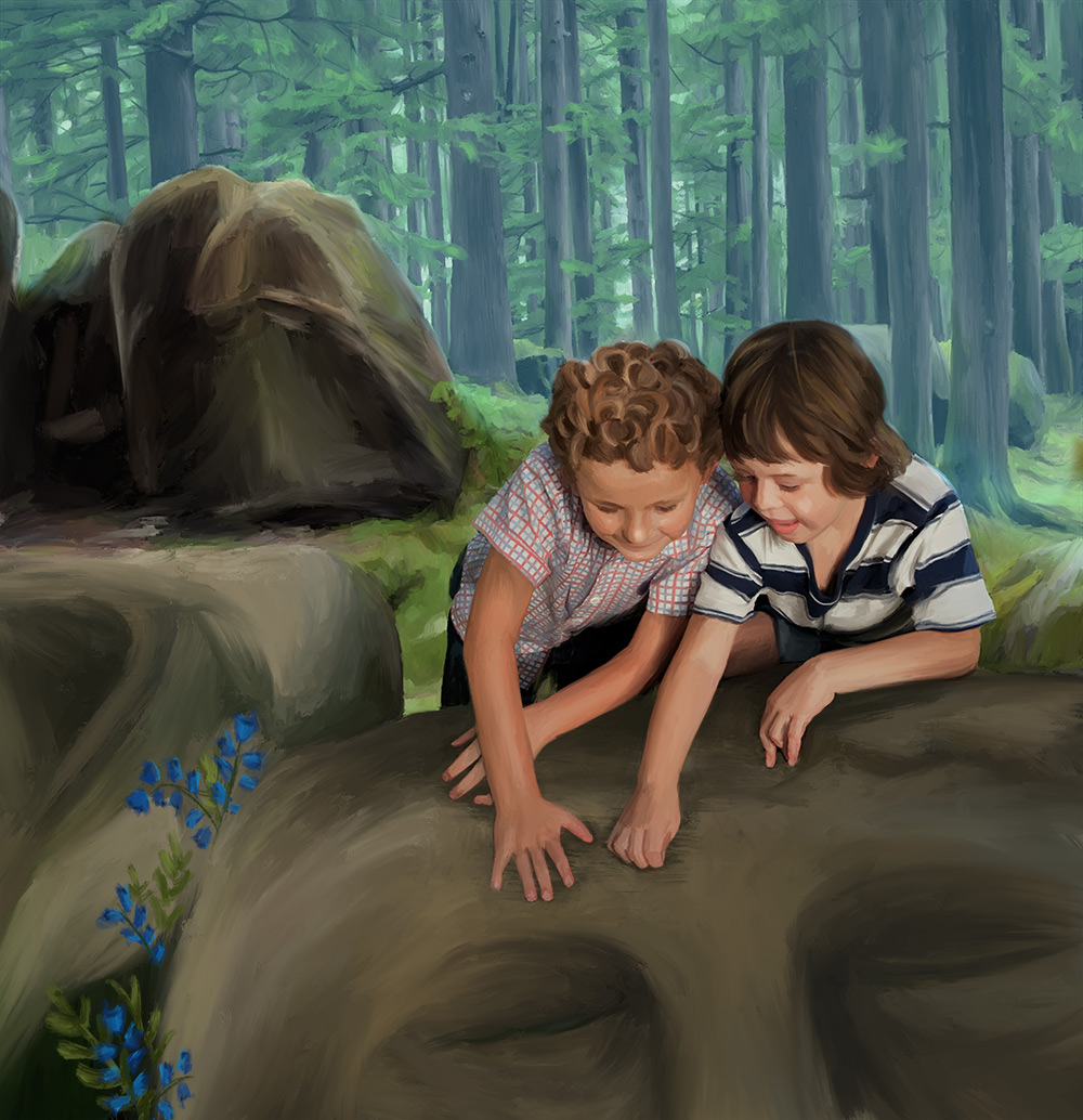 Boys with a troll face in the rock in Hope Carried on an Ancient, Isolated Back