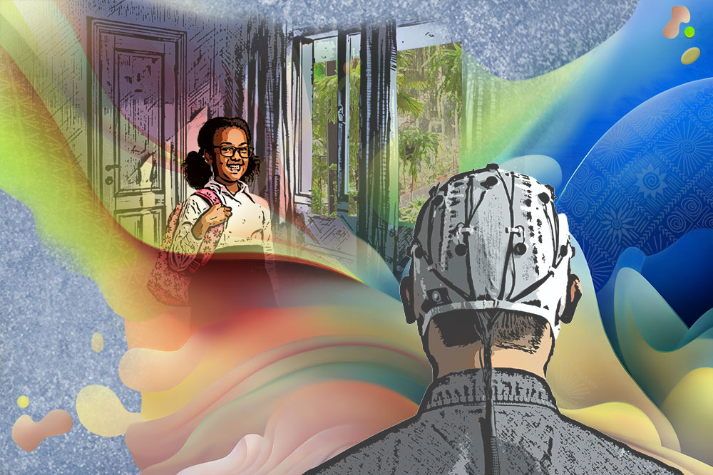 VR vision of a young girl in swirling colors in The Language of Immersion