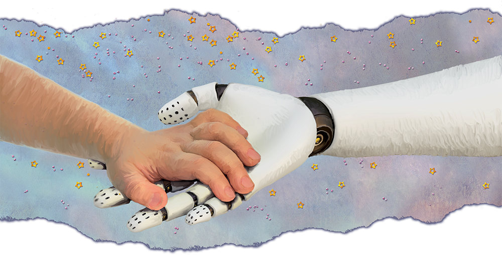 Robot holding girls hand in Robot Princess