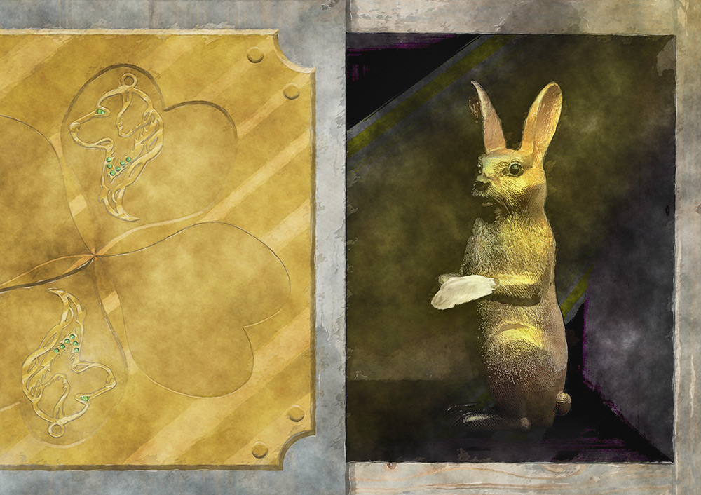 Golden rabbit with white rabbit's paw.